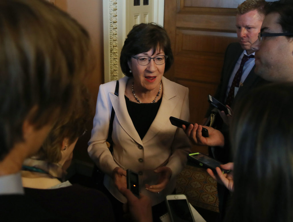 WASHINGTON, DC - MAY 10: Sen. Susan Collins (R-ME) speaks to reporters about President Trump's firing of FBI Director James Comey, on Capitol Hill May 10, 2017 in Washington, DC. (Photo by Mark Wilson/Getty Images)