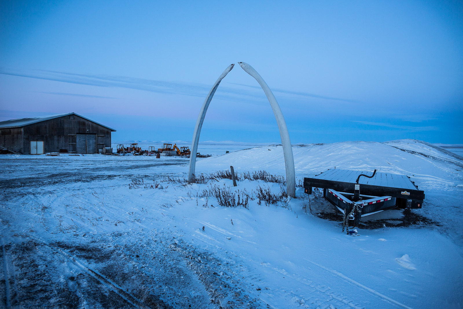 Bowhead whale bones greet visitors to the town of Kivalina, Alaska on Dec. 10, 2012. (Loren Holmes / ADN archive)