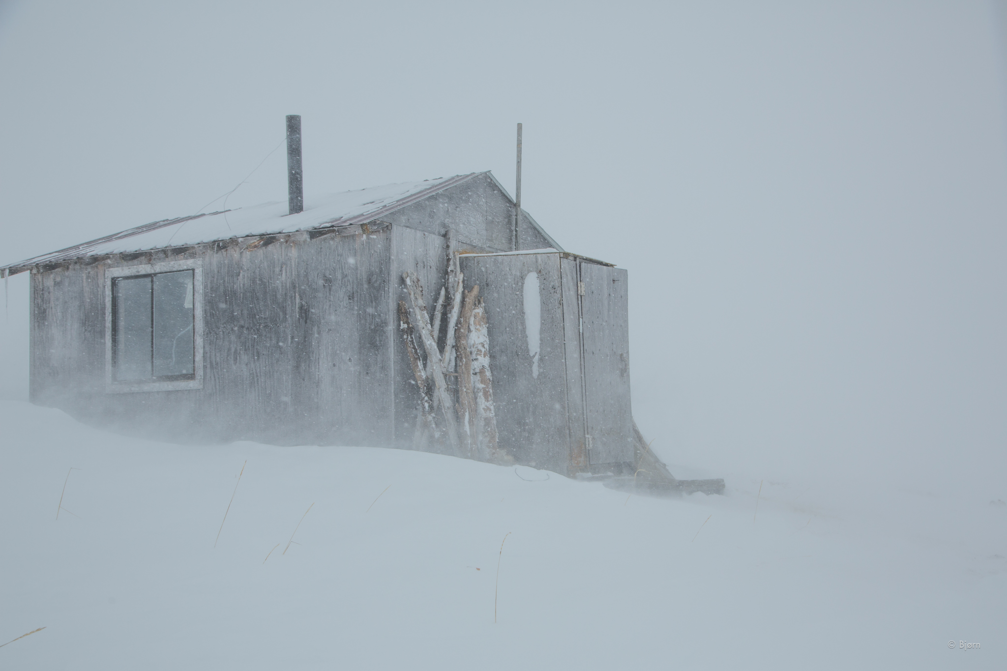 The Gallahan shelter is bombarded by a late-winter blizzard in March 2016. The Gallahan shelter sits on the trail between Buckland and Kotzebue, on the southern shore of the Baldwin Peninsula. (Bjørn Olson)