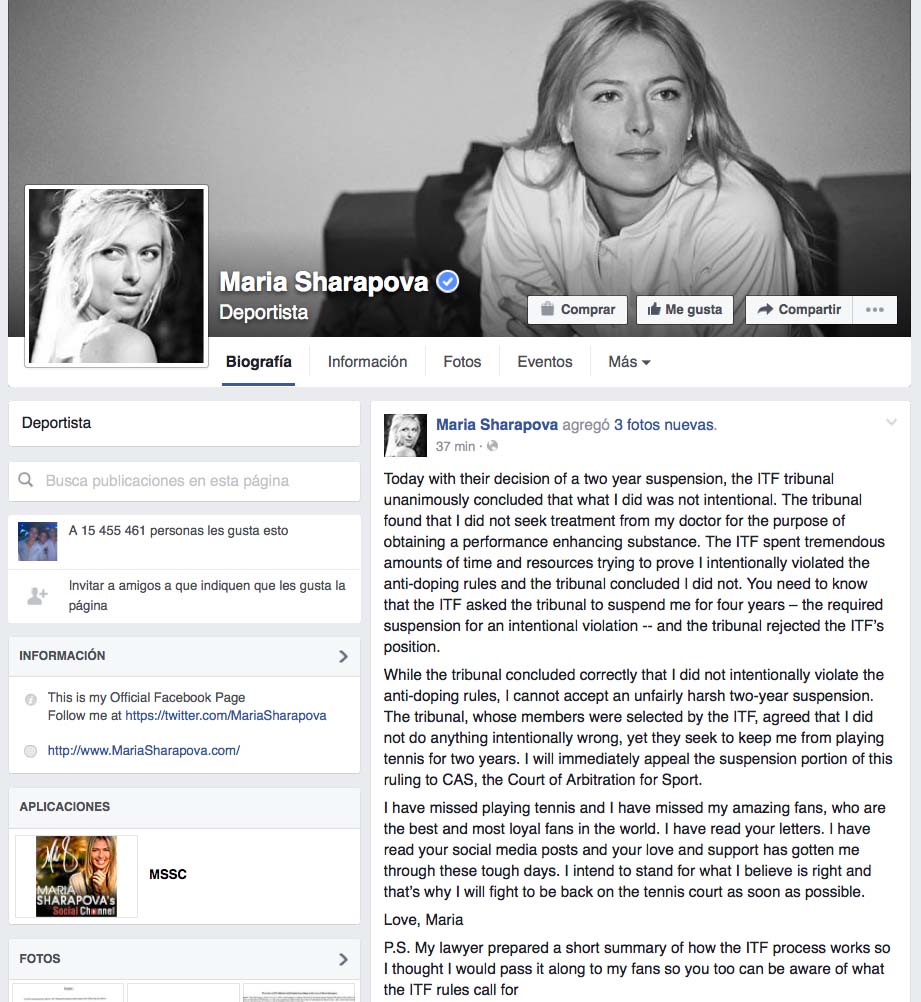 Sharapova comunicó en su perfil oficial de Facebook que apelará la sanción de la ITF