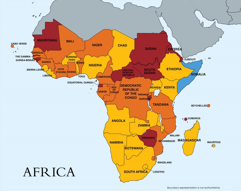 El mapa de la trata en África. En rojo: Mauritania, Sudán, Sudán del Sur, República Centroafricana, Zimbabue y Eritrea (están en el escalafón 3, el más grave). En amarillo y naranja, los que están en el escalafón 2, con distintos niveles de gravedad