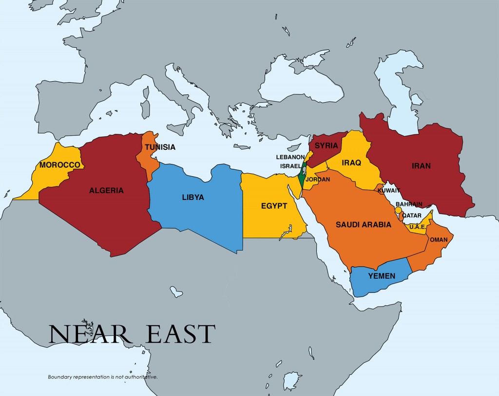 En rojo: Siria, Irán y Argelia. (Son los que están en el escalafón 3, el más grave).En amarillo y naranja, los que están en el escalafón 2 con distintos niveles de gravedad. En celeste: los casos especiales: Libia y Yemen.