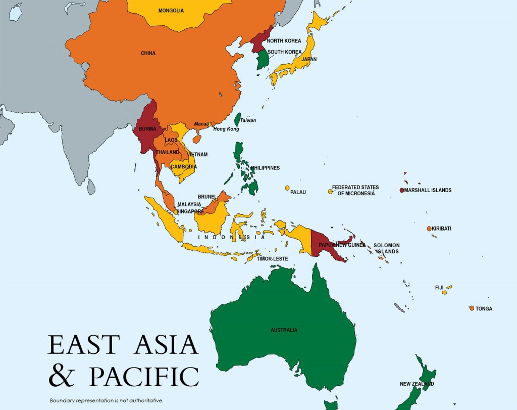 En rojo: Papúa Nueva Guinea y Birmania. (Son los que están en el escalafón 3, el más grave).En amarillo y naranja, los que están en el escalafón 2 con distintos niveles de gravedad. En verde los que están bien