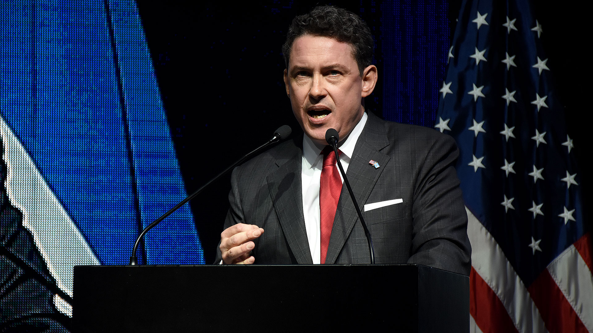 El embajador de los Estados Unidos, Noah Mamet, durante su discurso