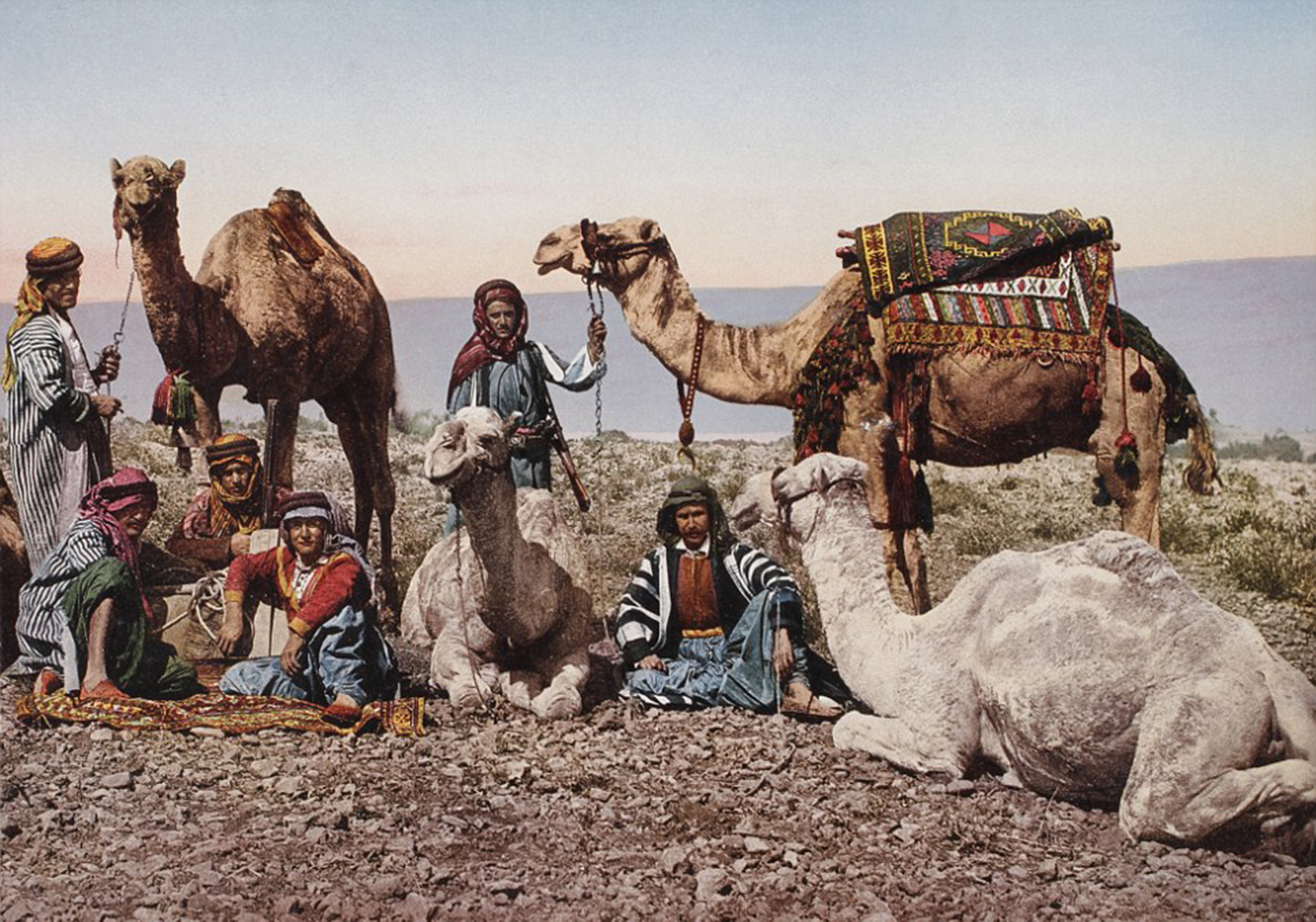 La escena fue capturada en el desierto de Siria, en 1895. Muestra nativos con sus camellos