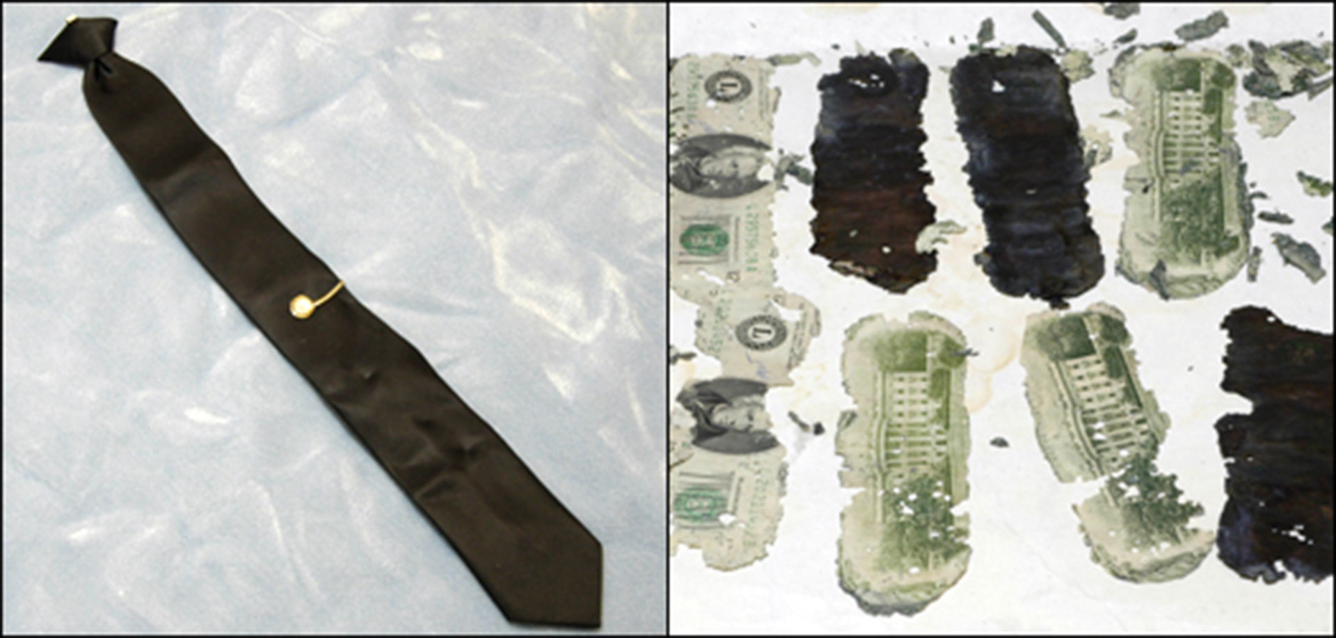 Minutos antes de saltar desde el avión Cooper se sacó la corbata. Años después serviría para determinar su ADN. La ciencia tampoco sirvió para este caso. A la derecha, los billetes que encontró un niño en 1980. La serie correspondía a la que se le entregó a Cooper