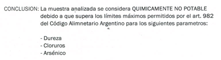 Los análisis de Raña SRL arrojaron que el agua no es potable.