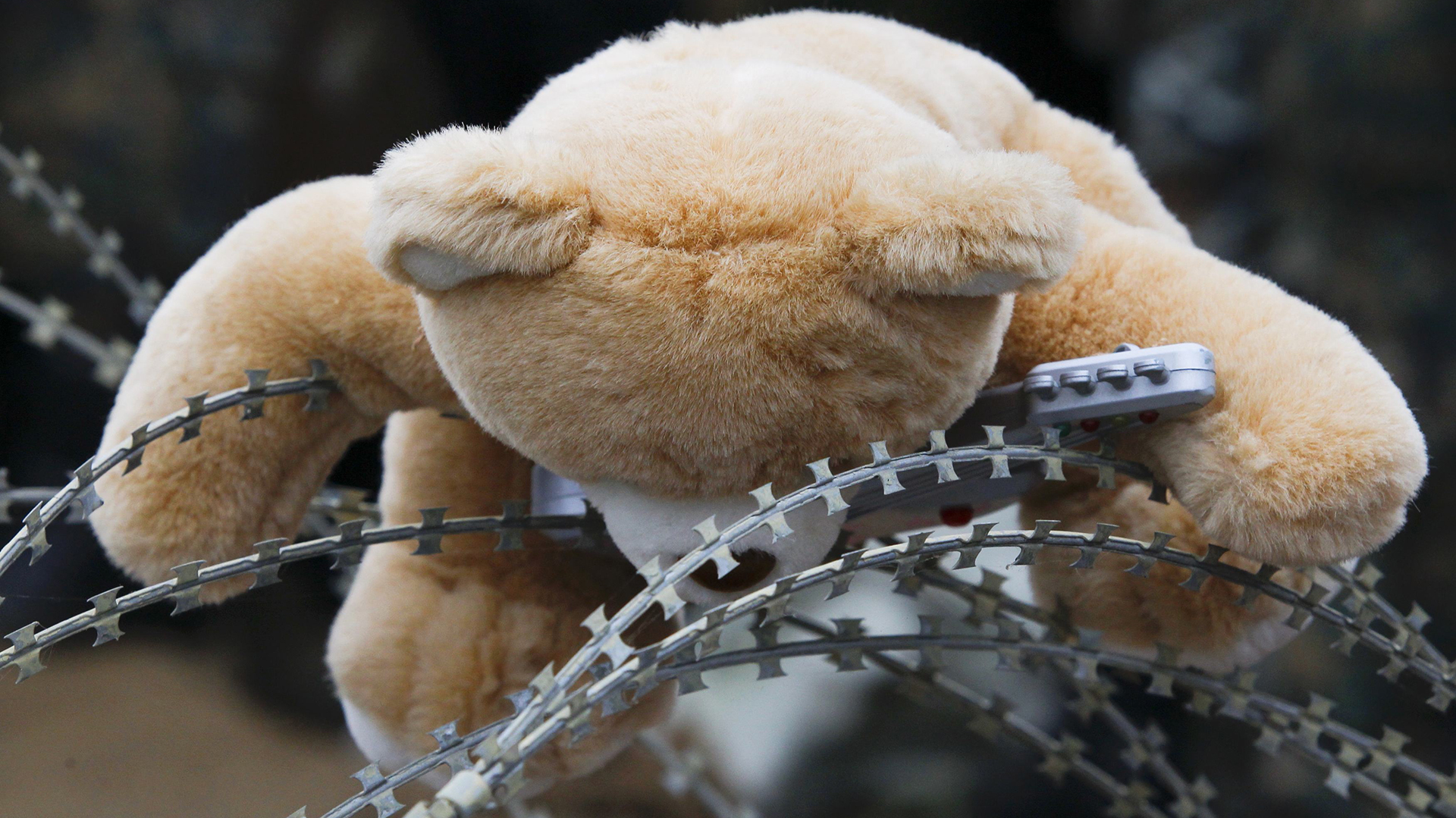 Un oso de peluche olvidado por migrantes en una reja, en la frontera entre Macedonia y Grecia (REUTERS)