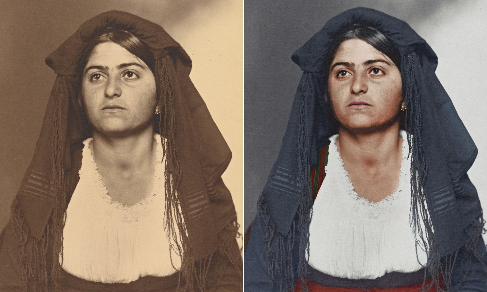 Una mujer italiana alrededor de 1910 que lleva un vestido de casa tradicional y chal