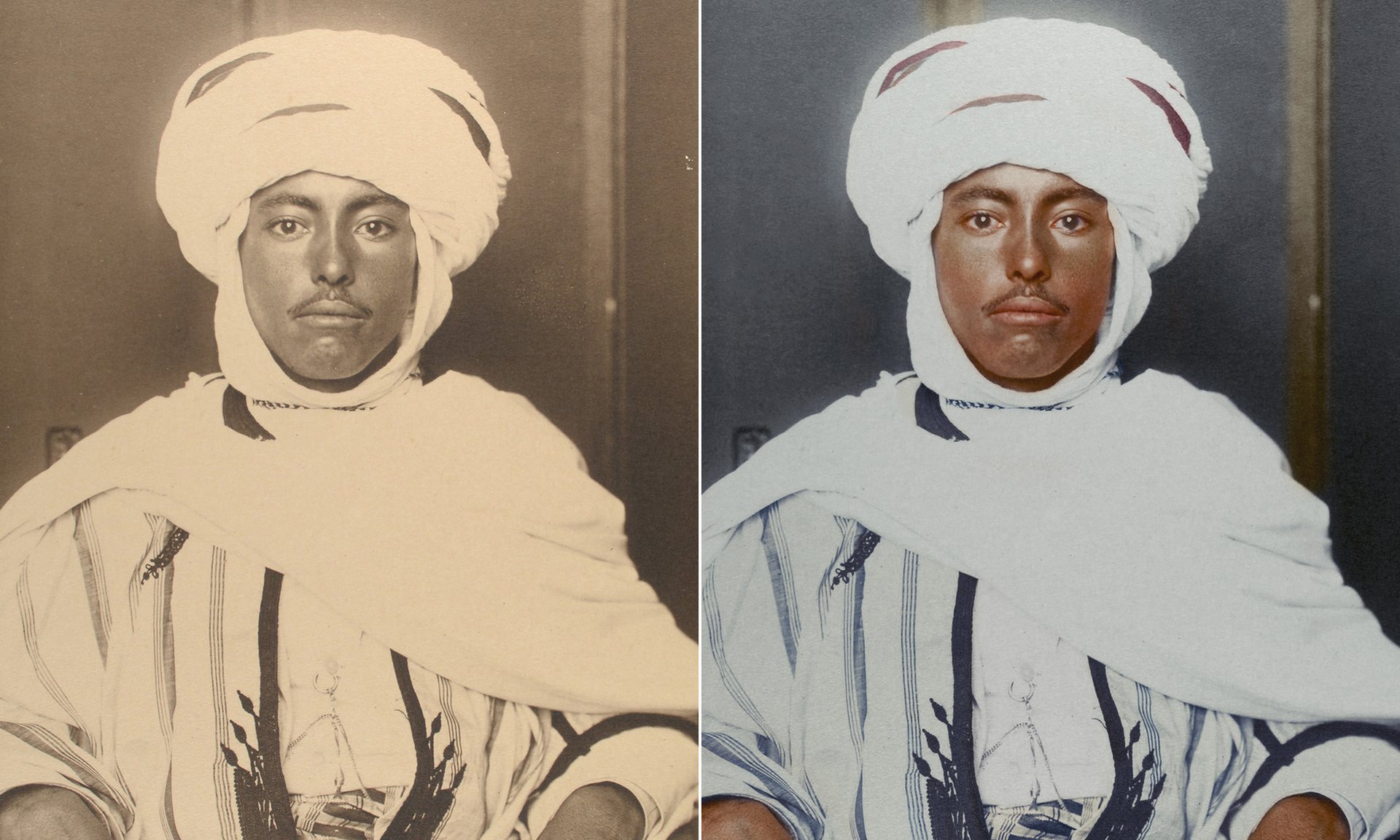 Un argelino alrededor de 1910 con una túnica caftán y un Kufiya, que es un cuadrado de tela doblada en forma de triángulo y se mantiene en la cabeza por una diadema de pelo de camello