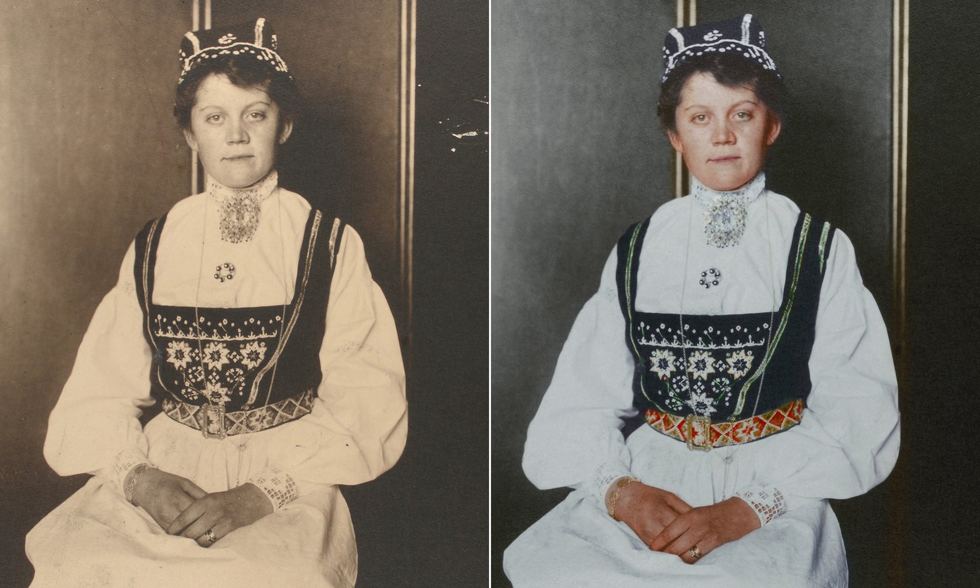 Una mujer noruega con un vestido tradicional con el pelo cubierto, que servia para indicar su estado civil