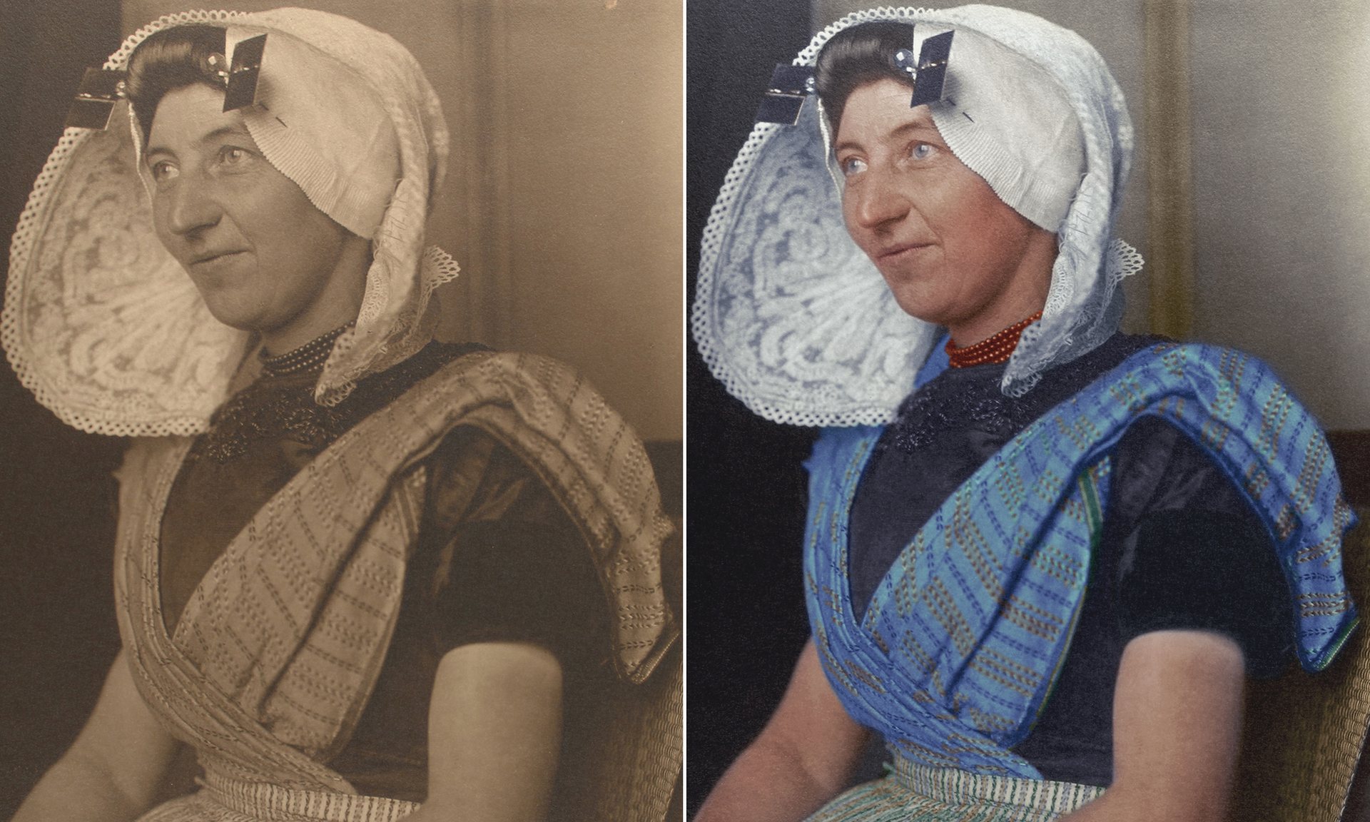 Una mujer holandesa alrededor de 1910 llevando un gran sombrero, uno de los aspectos más reconocibles de la vestimenta tradicional holandesa.
