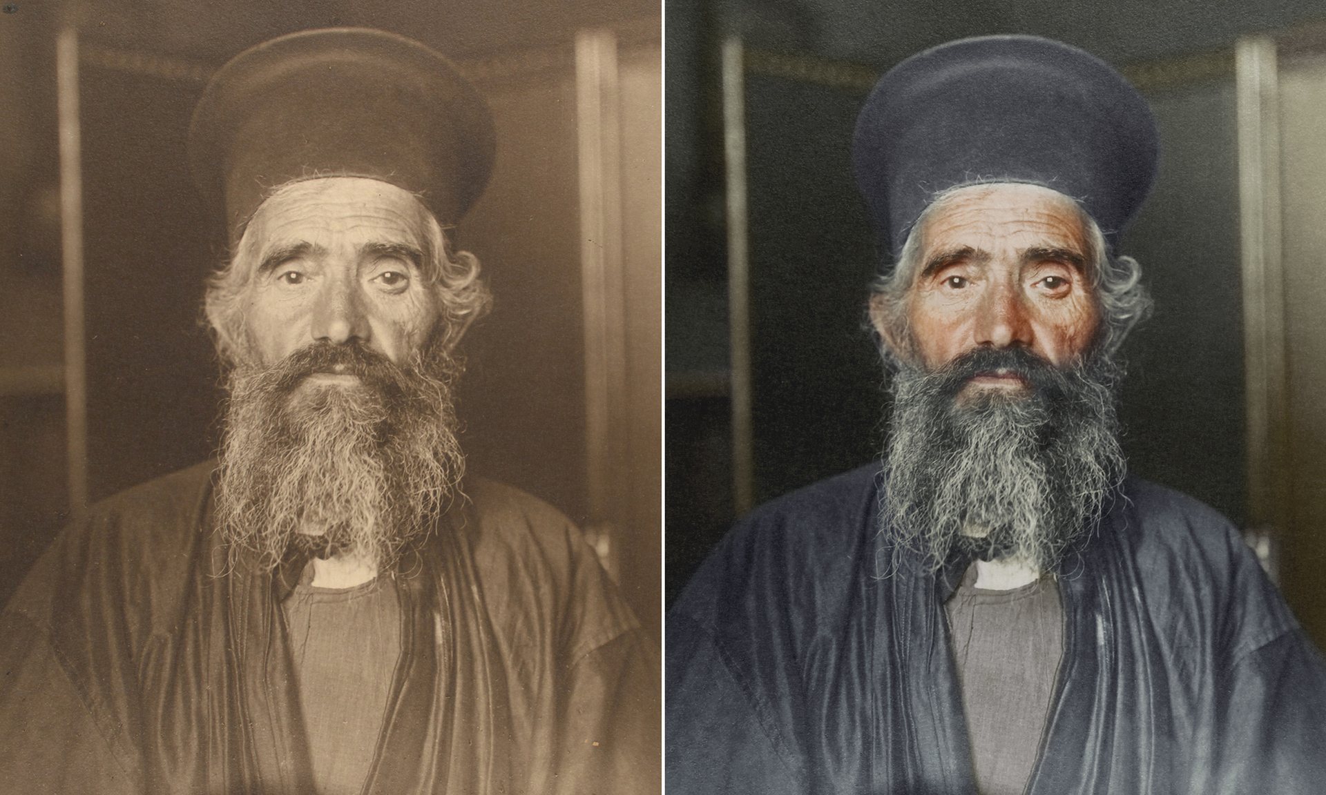 Un sacerdote ortodoxo griego, que lleva una túnica hasta los tobillos y un sombrero cilíndrico rígido llamado kamilavkion, usado durante los servicios