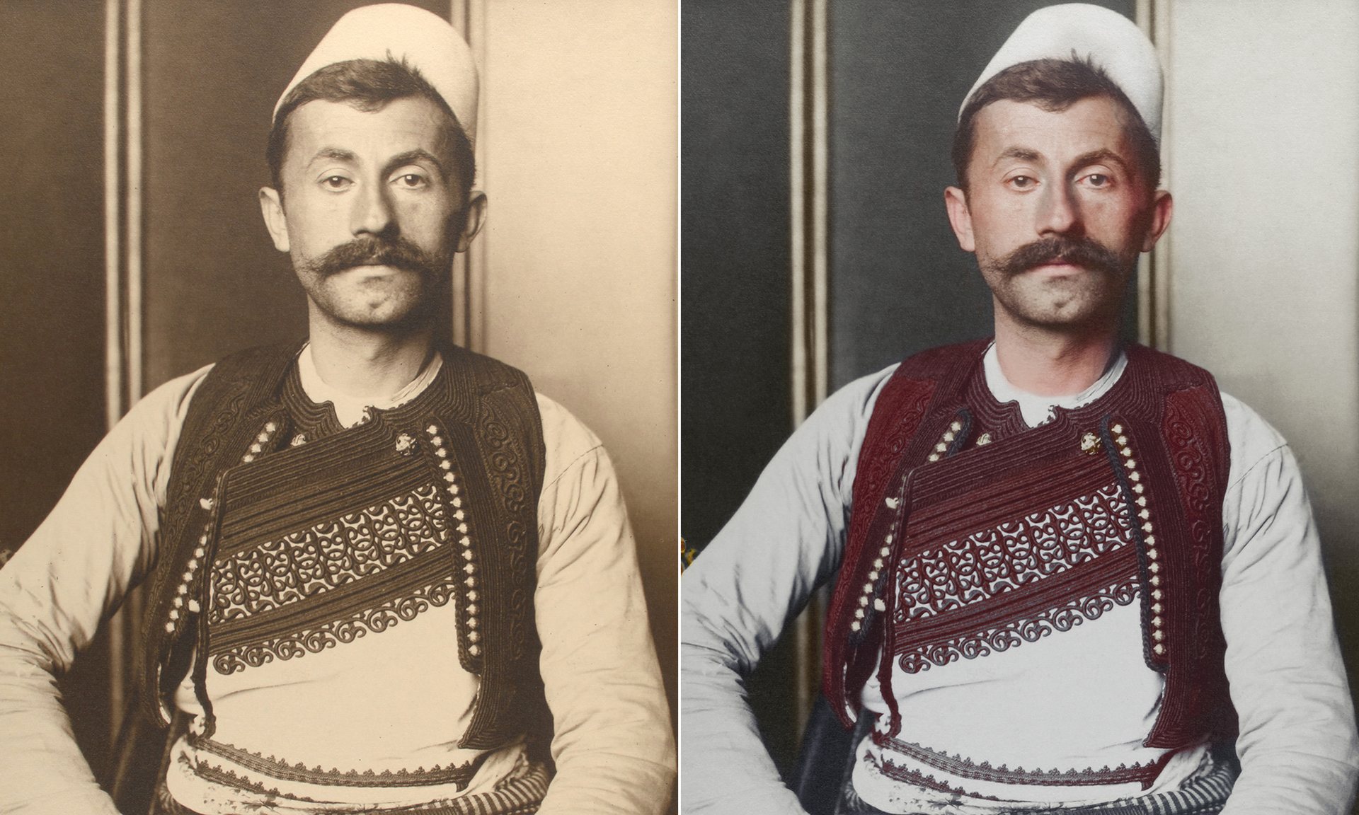 Un soldado albanés, su chaleco está decorado con trenzas bordados de seda o algodón; su color y decoración denotan la región a la que pertece y su rango social