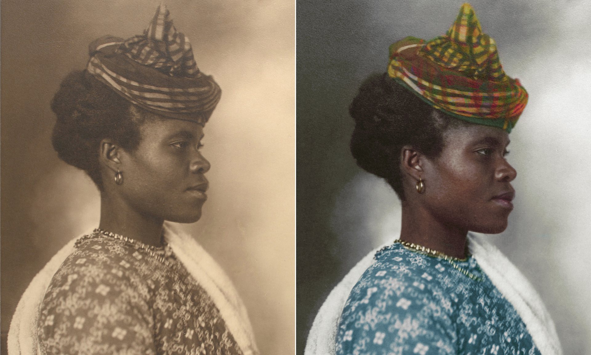 Una mujer de Guadalupe en 1911, vistiendo traje tradicional, incluyendo un casco de tartán elaborado que se remonta a la Edad Media