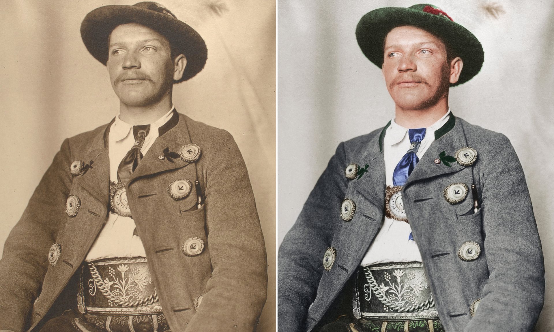 Un hombre de Baviera alrededor de 1910 vestido con los pantalones de cuero de las regiones alpinas de Alemania y una chaqueta de lana con botones de cuerno