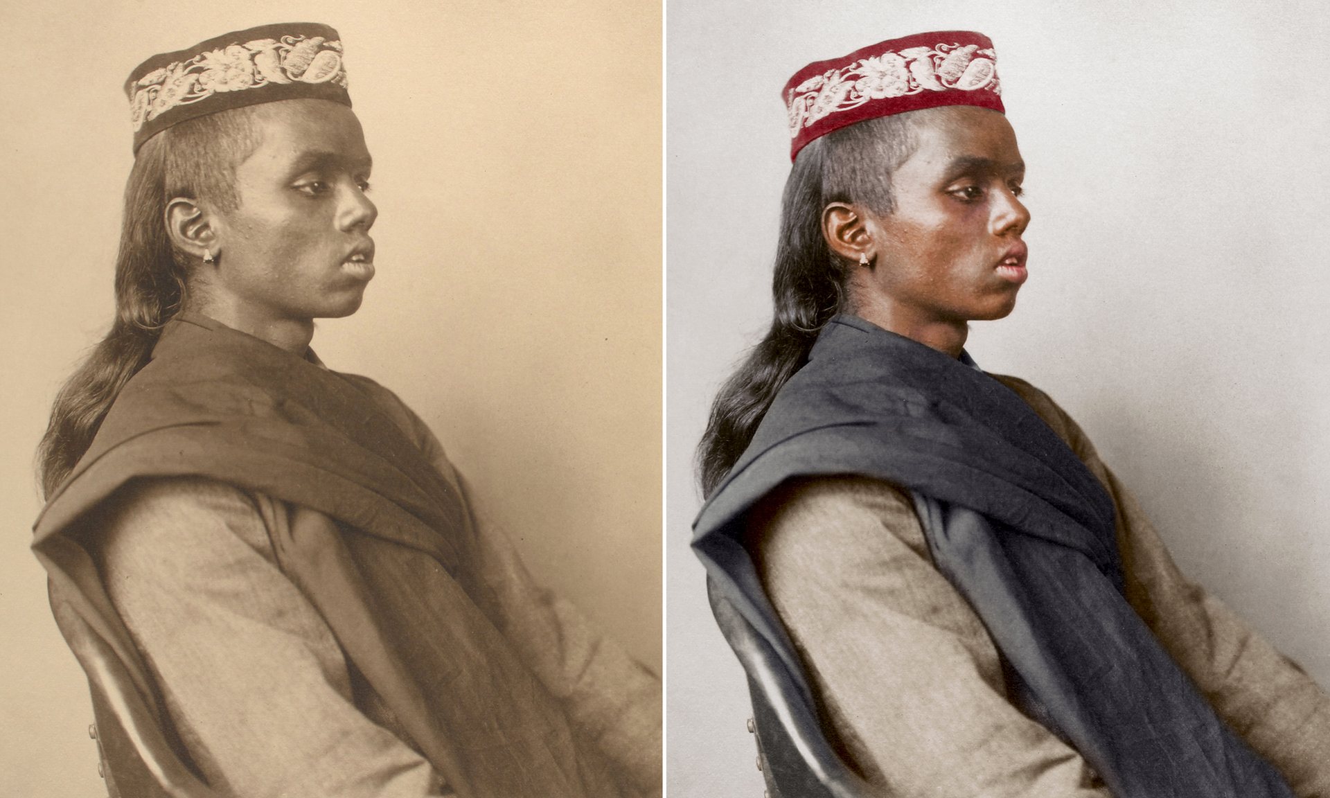 Un niño hindú alrededor de 1911, llevaba una gorra y un manto de oración hilado a mano