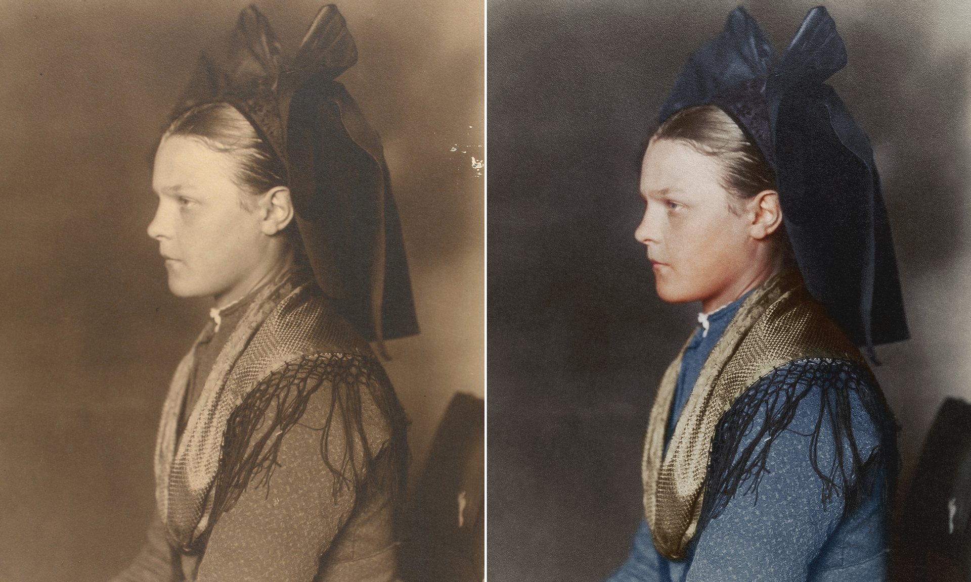Una niña de Alsacia-Lorena alrededor de 1906, proveniente de la región de habla germánica de Alsacia, hoy en día Francia. El gran arco, conocido como schlupfkàpp, era usado por mujeres solteras.