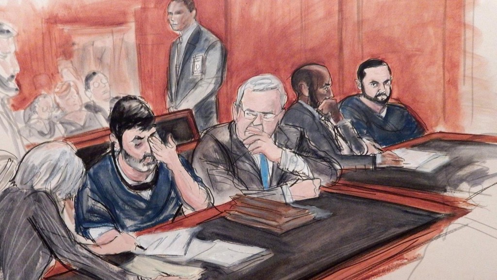 Ilustración de una audiencia judicial de Flores y Campo (AP)