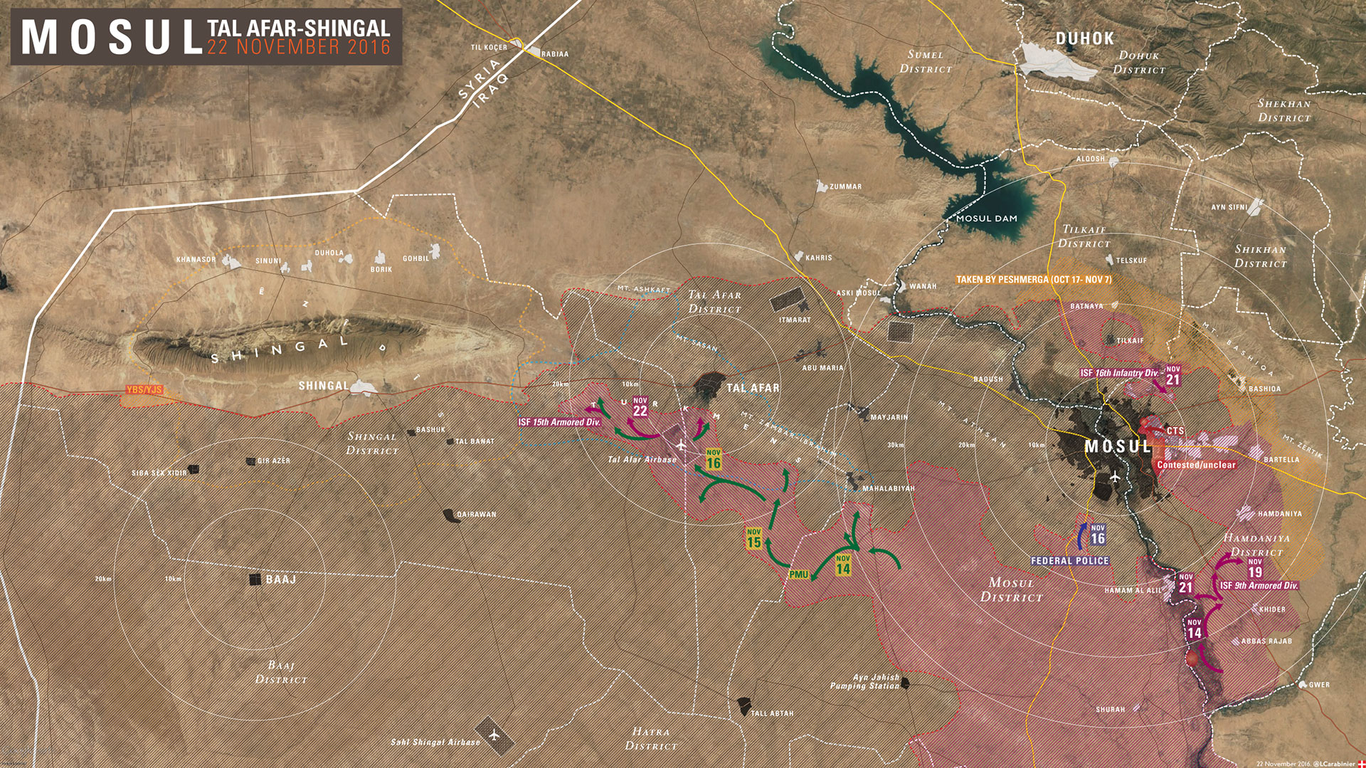 Mapa de los avances sobre Mosul con fecha del 22 de noviembre, antes de que la ciudad quedara totalmente aislada