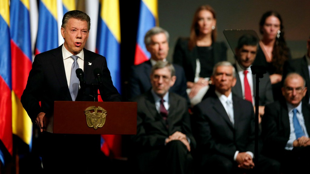 El presidente colombiano Juan Manuel Santos este jueves durante el acto en el que se firmó la paz definitiva con las Farc (Reuters)