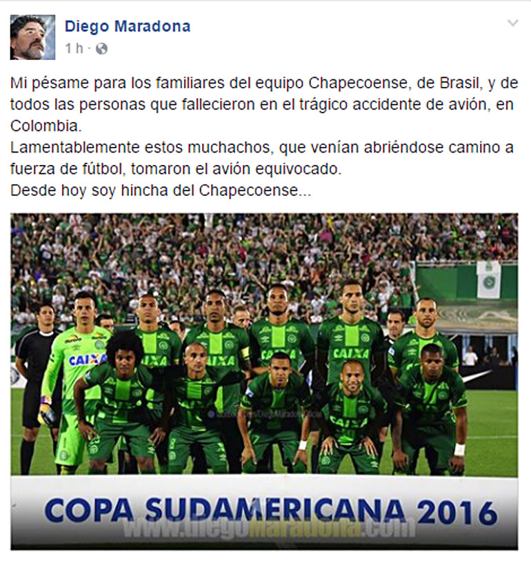 Chapecoense condolencias Maradona facebook SF