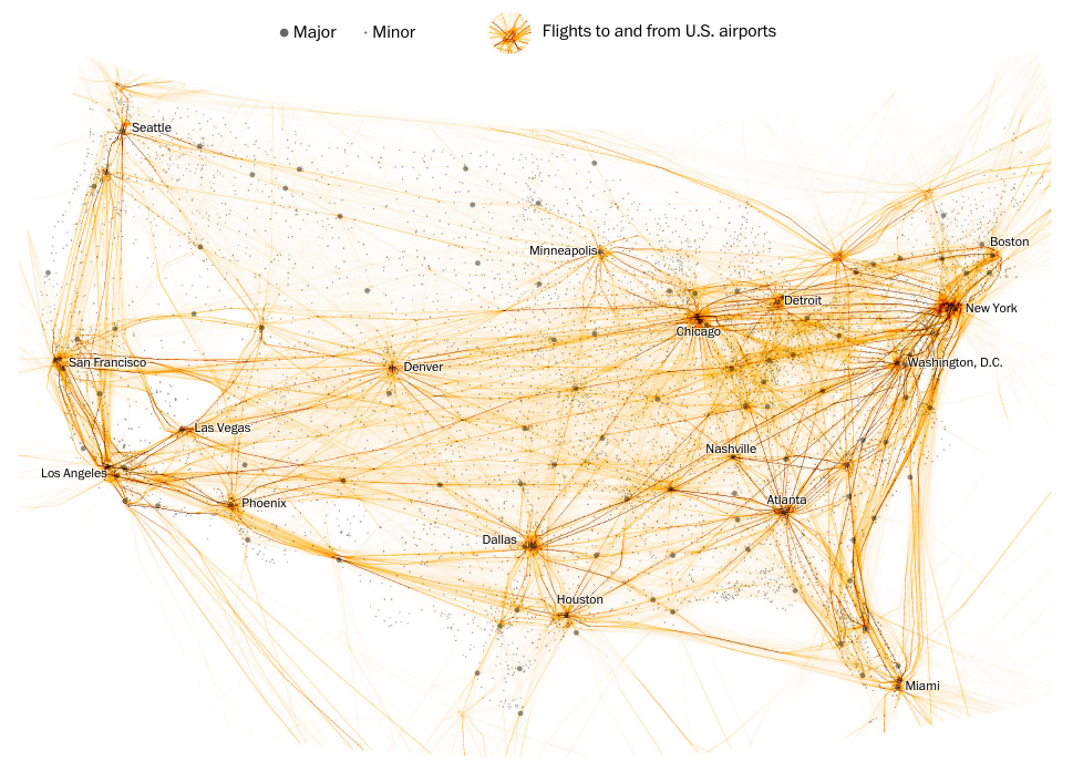 Puntos gruesos marcan los aeropuertos mayores. Puntos finos marcan los aeropuertos pequeños. Las líneas marcan los trayectos desde y hacia aeropuertos estadounidenses (The Washington Post)