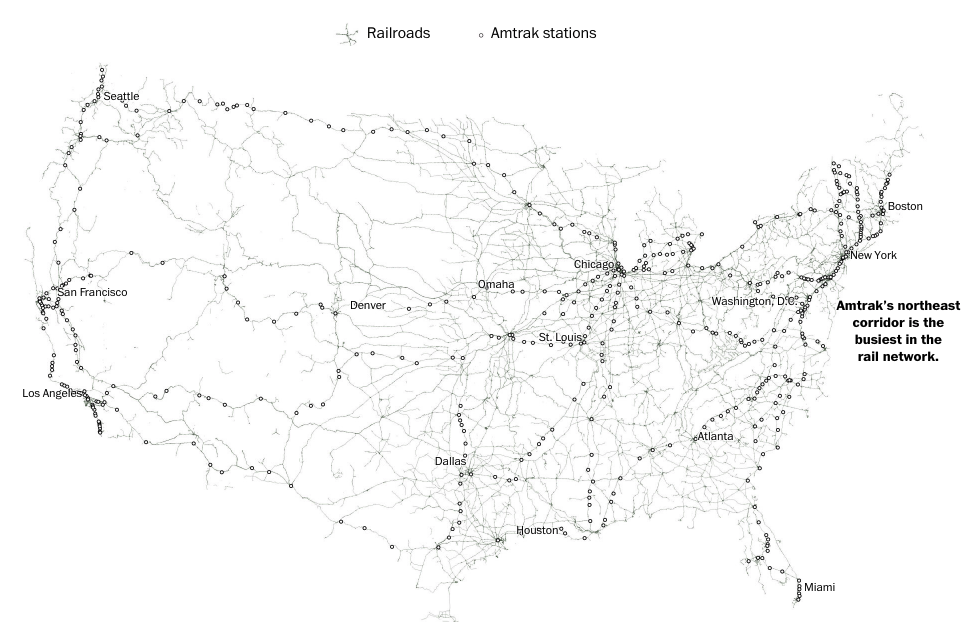Las líneas marcan los trayectos de los ferrocarriles. Los círculos marcan las estaciones de Amtrak (The Washington Post)