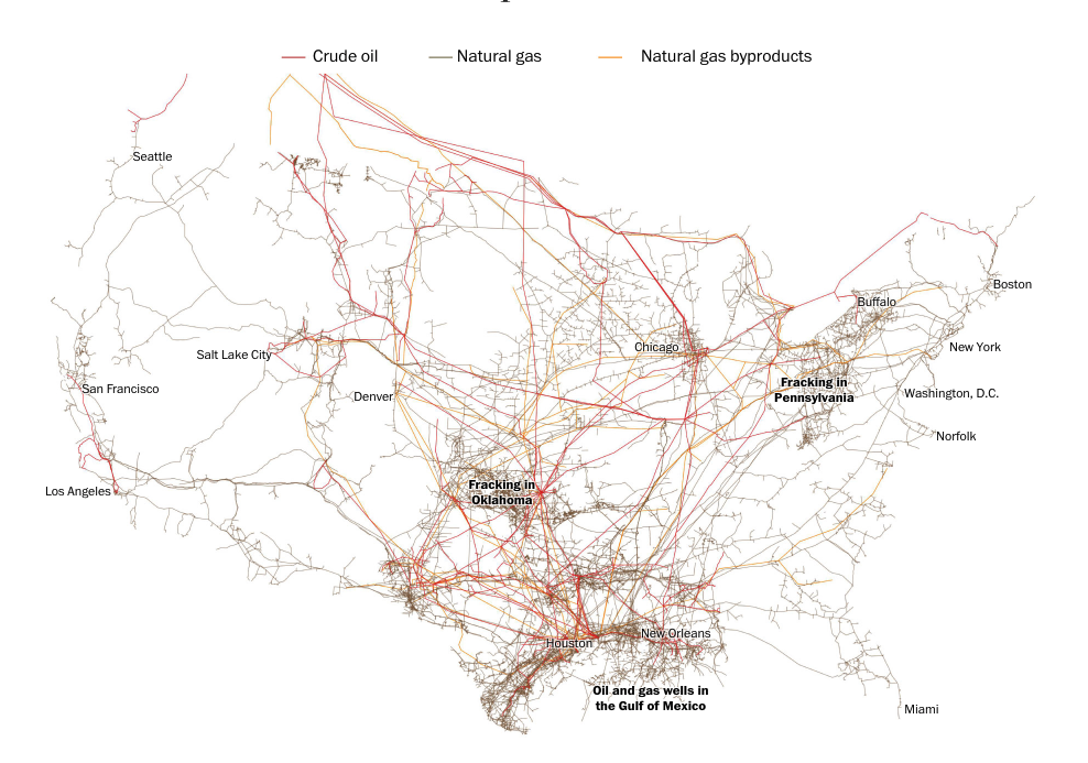En rojo los oleoductos. En gris los gasoductos. En amarillo las tuberías de los subproductos de gas natural (The Washington Post)