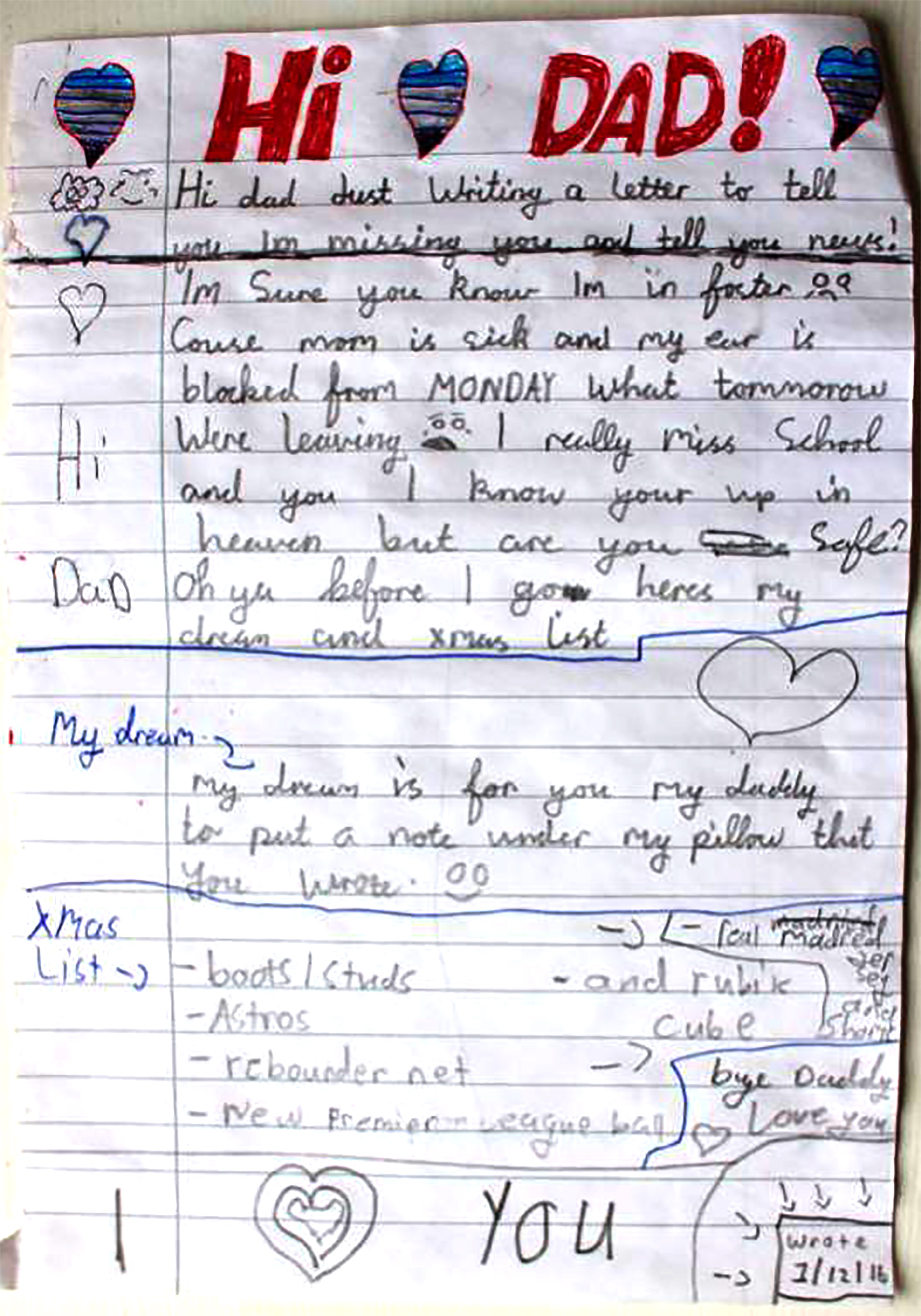 En la carta el niño le cuenta su deseo a su padre