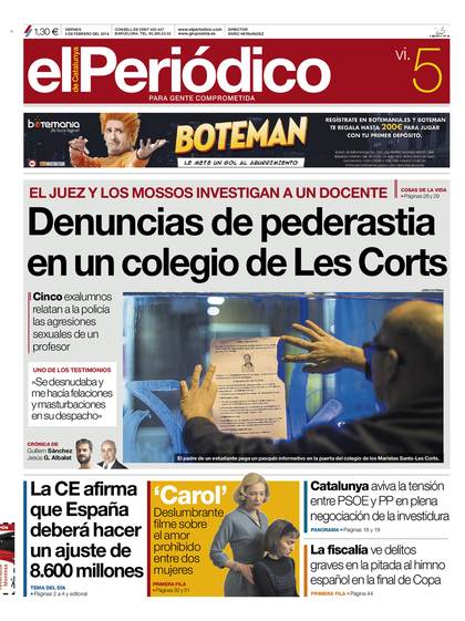 La portada de El Periódico del 5 de febrero de 2016, cuando se dieron a conocer las denuncias por primera vez