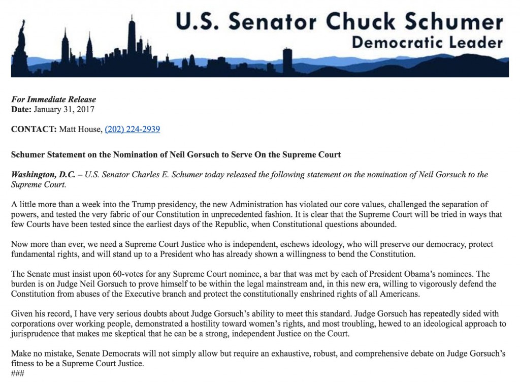 El comunicado de Chuck Schumer