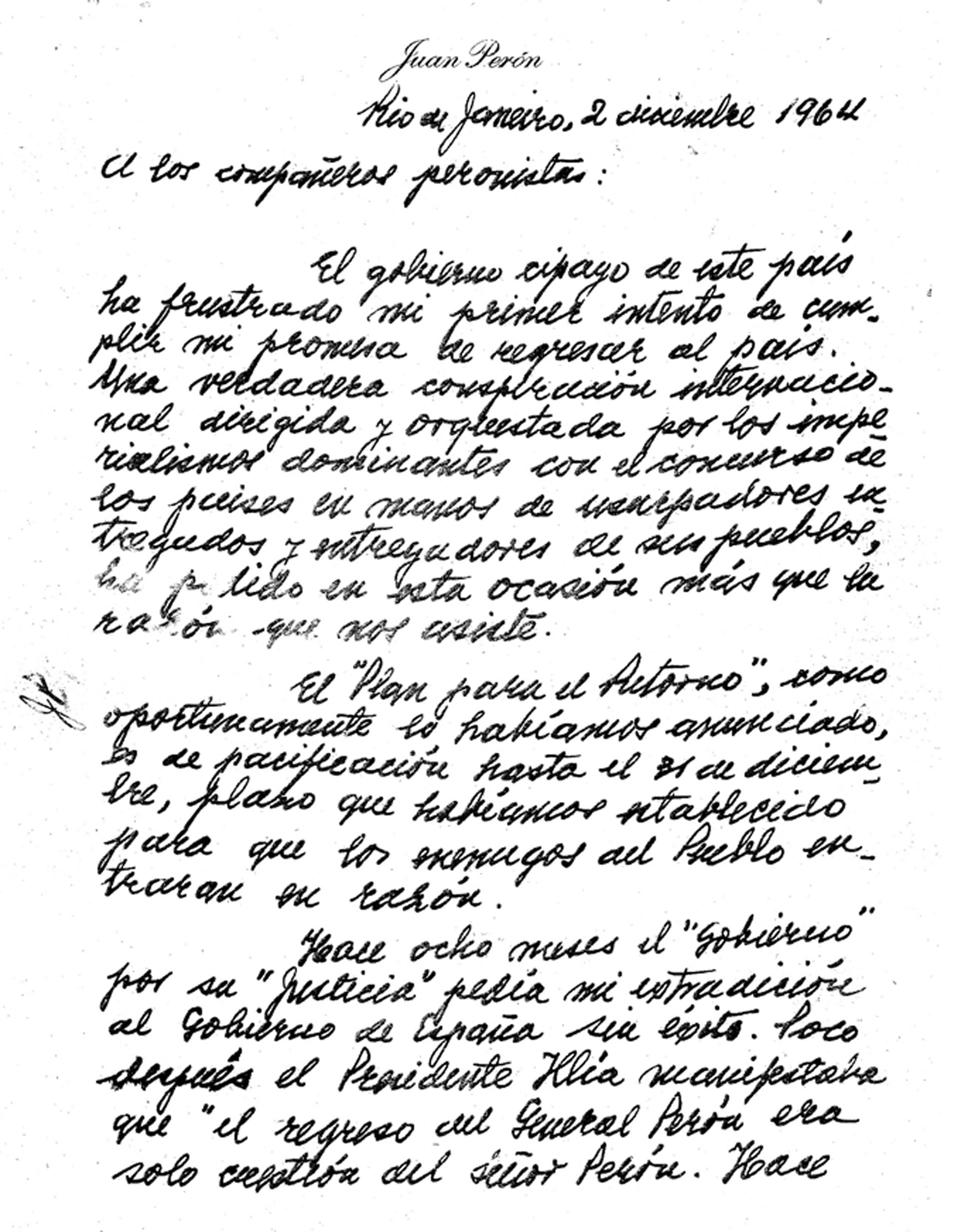 Primera página de la declaración escrita por Perón mientras se hallaba detenido en el aeropuerto de Río de Janeiro