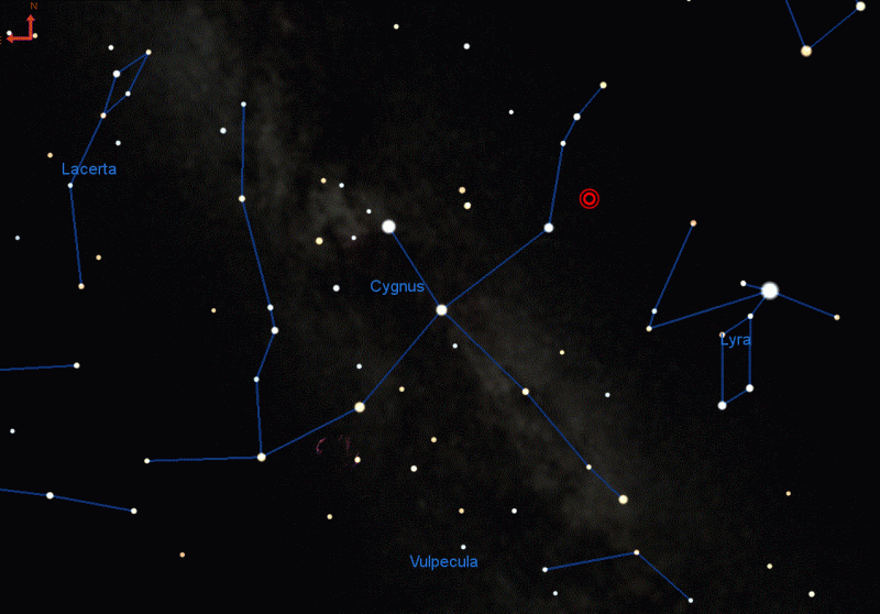 Las constelaciones de Cignus y Lyra, con la Estrella del Norte marcada en azul. Cuando suceda la fusión del sistema binario de la estrella KIC 9832227, cambiará su aspecto. (www.calvin.edu)