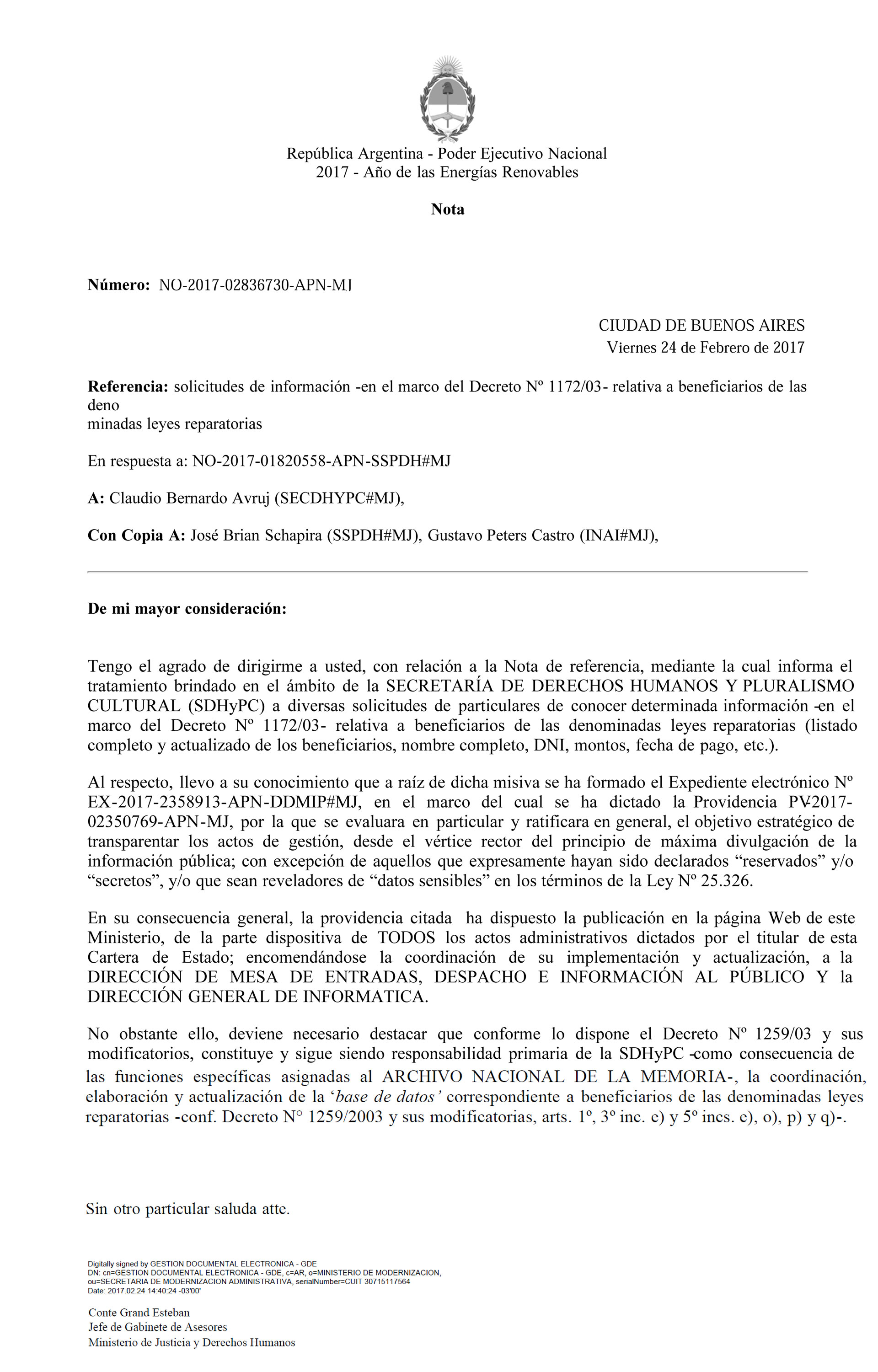 La nota oficial por la cual se dispone la publicación de todos los actos administrativos del Ministerio de Justicia que incluyen las indemnizaciones otorgadas a ex presos y a familiares de desaparecidos