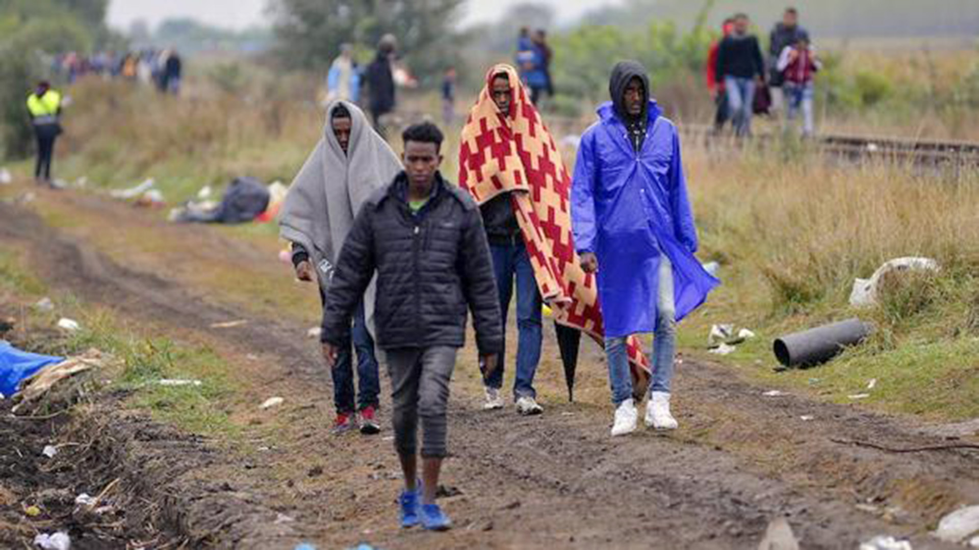 Un grupo de refugiados a su llegada a Roszke, en Hungría (EFE)