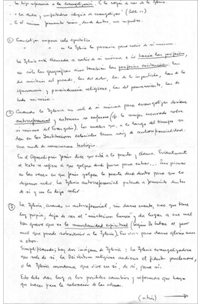 Foto del manucristo original y texto de la ponencia de Jorge Bergoglio antes de ser ungido Papa. Fuente: L’Osservatore Romano, edición en español