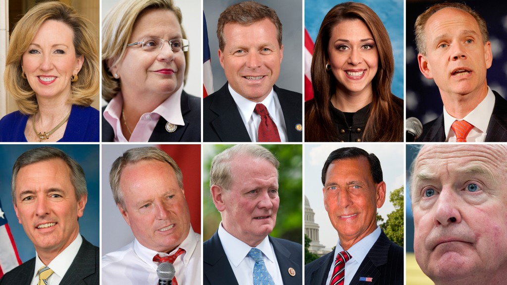 De izquierda a derecha, y de arriba hacia abajo, Barbara Comstock (Virginia), Ileana Ros-Lehtinen (Florida), Charlie Dent (Pensilvania), Jaime Herrera Beutler (Washington), Dan Donovan (Nueva York), John Katko (Nueva York), David Joyce (Oklahoma), Leonard Lance (Nueva Jersey), Frank A. LoBiondo (Nueva Jersey) y Rodney Frelinghuysen (Nueva Jersey)