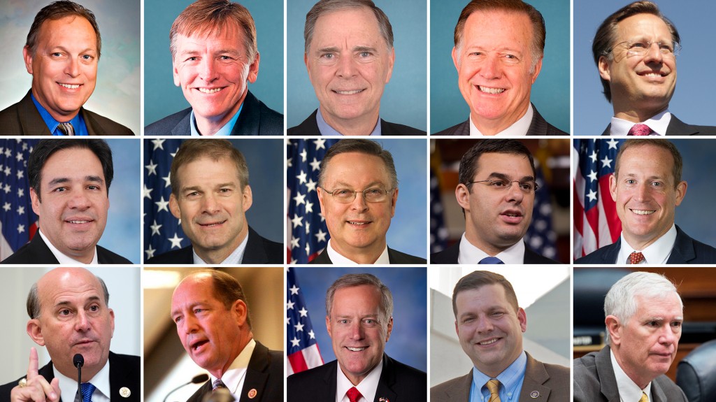 De izquierda a derecha, y de arriba hacia abajo, Andy Biggs (Arizona), Paul Gosar (Arizona), Bill Posey (Florida), Randy Weber (Texas), Dave Brat (Virginia), Raúl R. Labrador (Idaho), Jim Jordan (Oklahoma), Rod Blum (Iowa), Justin Amash (Michigan), Ted Budd (Carolina del Norte), Louie Gohmert (Texas), Ted Yoho (Florida) Mark Meadows (Carolina del Norte), Tom Garrett (Virginia) y Mo Brooks (Alabama)