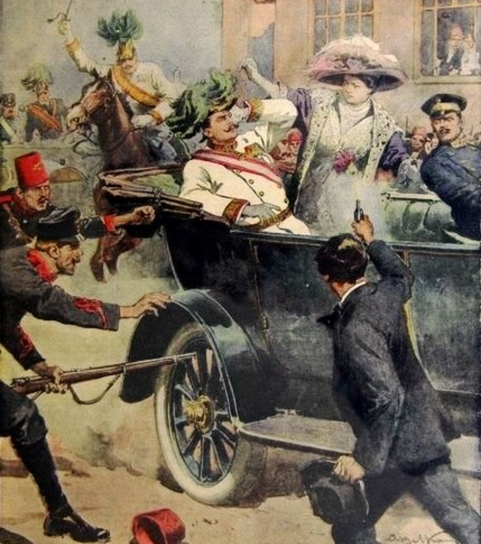Representación pictórica del asesinato del archiduque Francisco Fernando y su esposa Sofía, en 1914