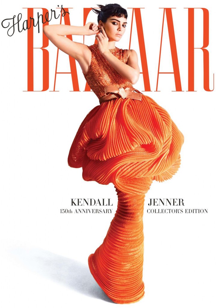 La revista Harper’s Bazaar celebra sus 150 años con mujeres icónicas en sus portadas, en este caso la tapa de mayo edición colección. Jenner con un diseño de Armani Privée