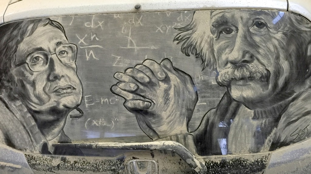 Steve Hawking y Albert Einstein ilustran el parabrisas trasero de un Honda: la creación de Scott Wade