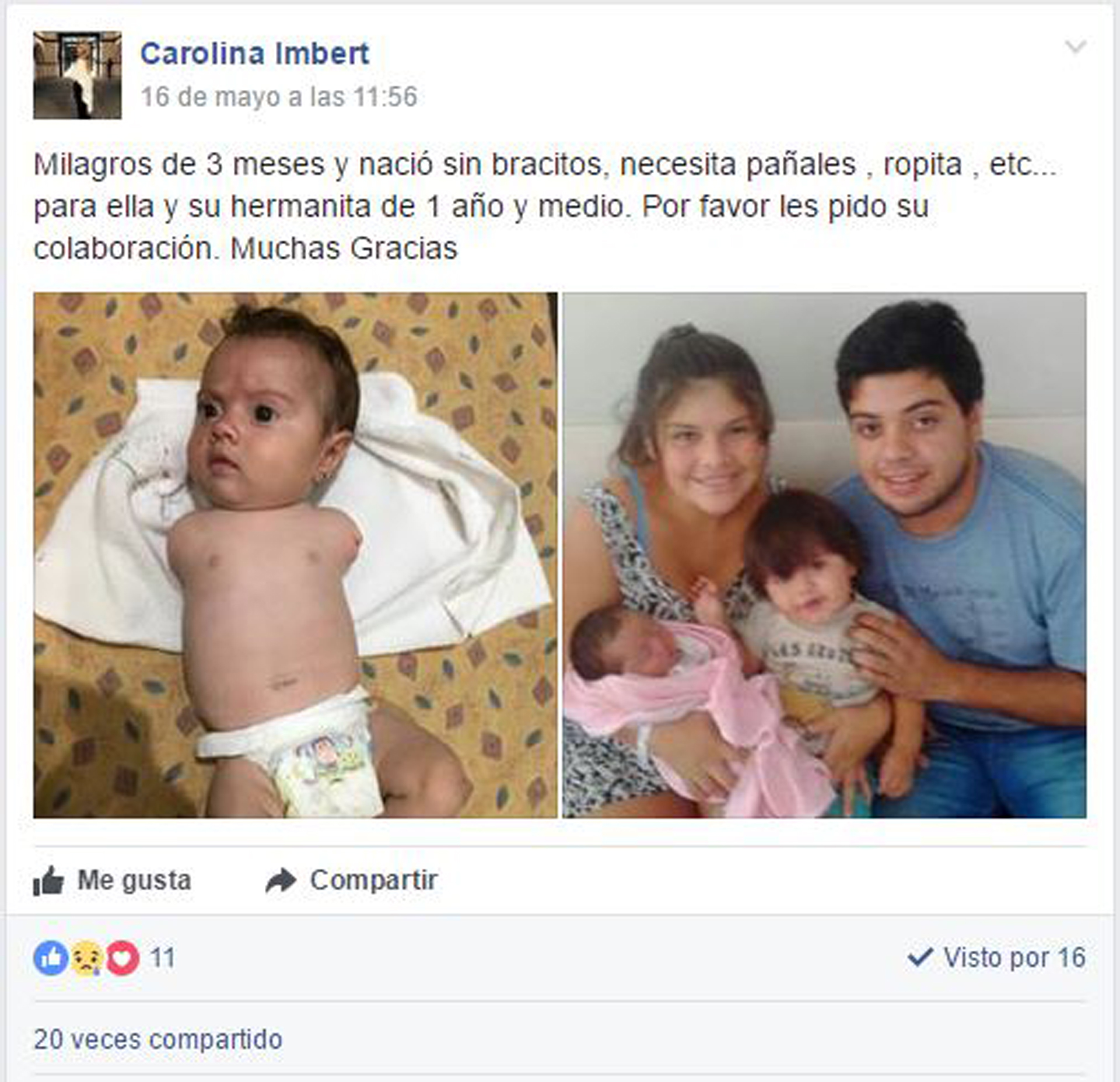 El caso de Milagros es hoy en día por el que están trabajando y pidiendo colaboración mediante las redes sociales (Facebook Madres Leonas)