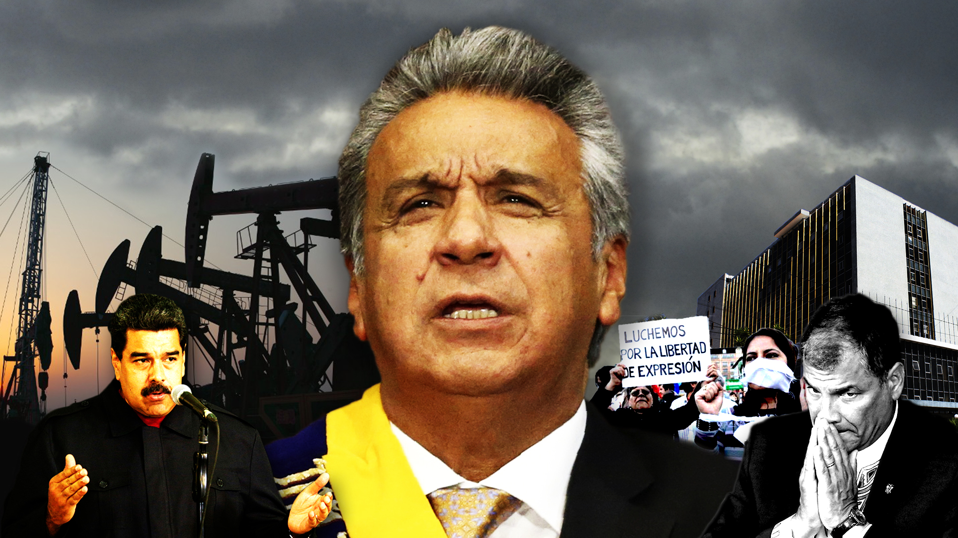 El presidente electo de Ecuador, Lenín Moreno (centro), Nicolás Maduro (izquierda) y Rafael Correa (derecha)