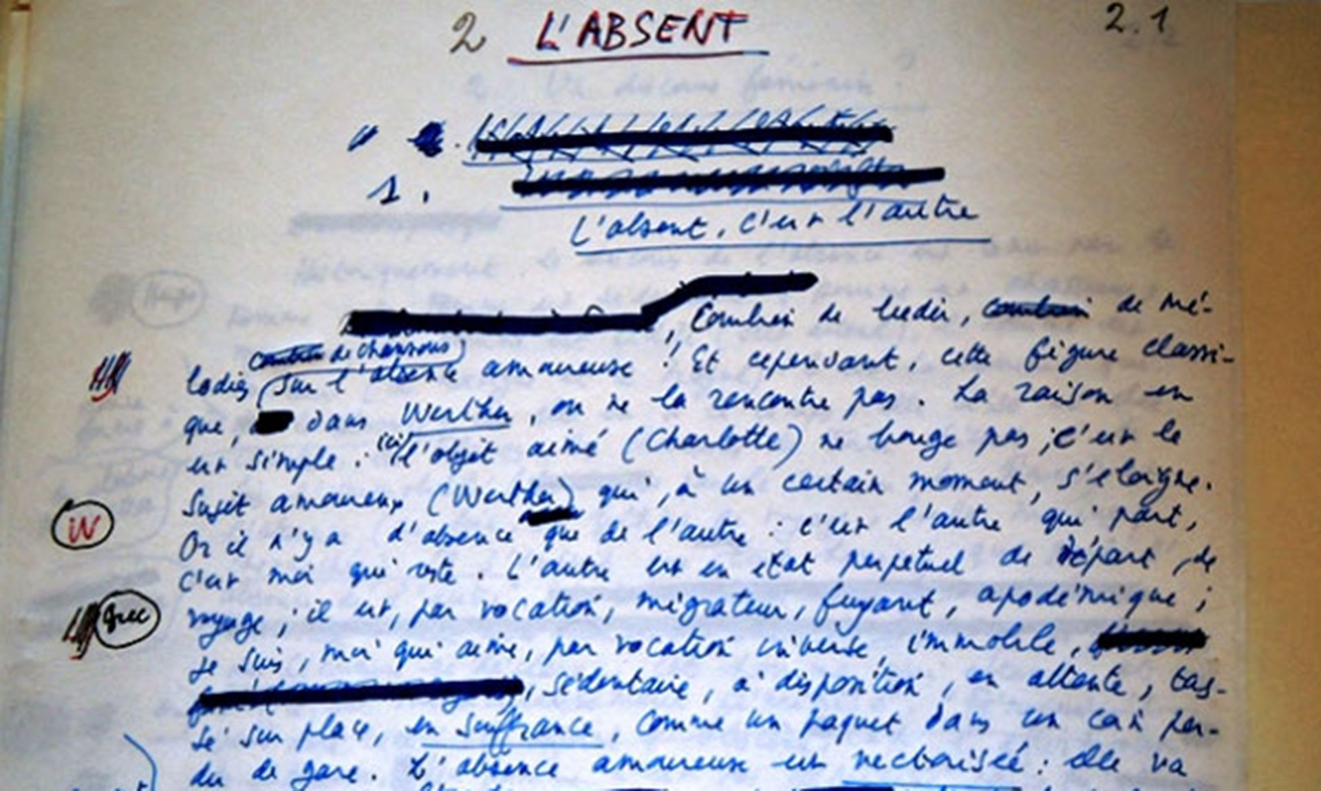 Borrador de Barthes para su libro “Fragmentos de un discurso amoroso”