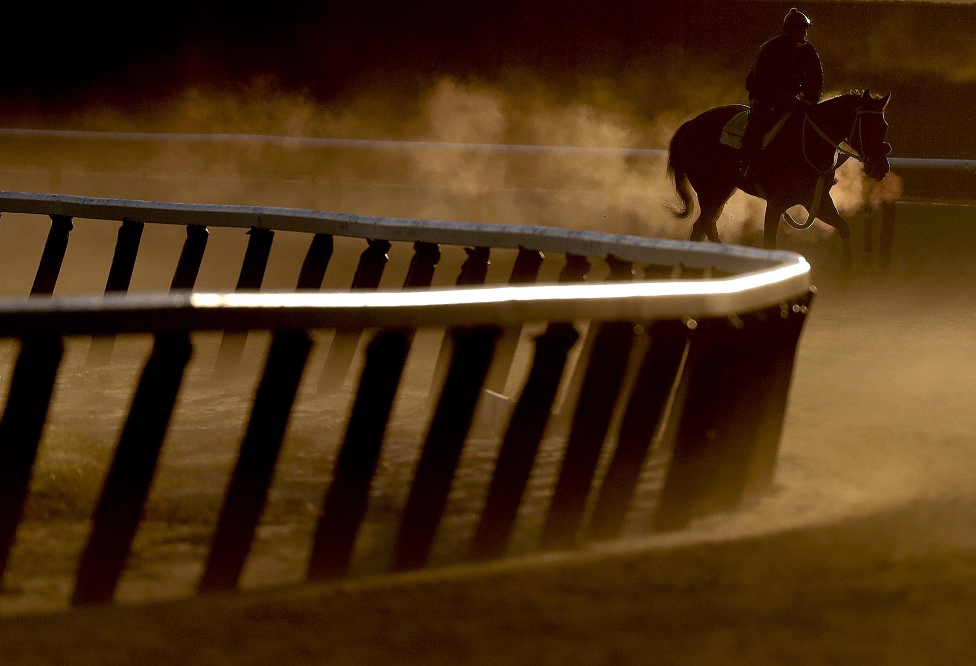 Un jinete guía a un caballo de raza alrededor de la pista durante un entrenamiento en Elmont, Nueva York, antes de la 149º carrera de las estacas de Belmont el sábado