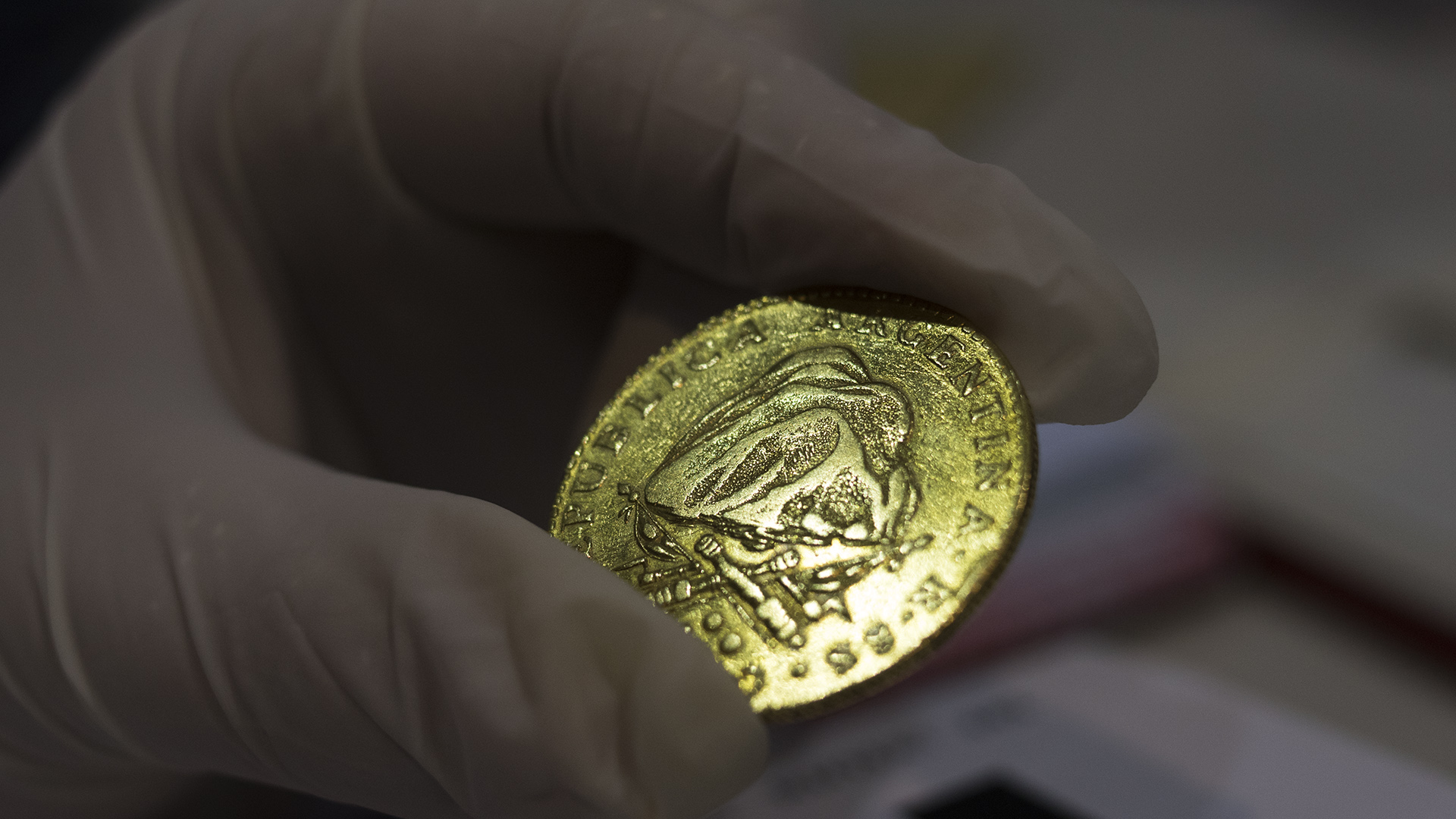 Moneda con el cerro Famatina. Como característica distintiva tiene fusiles de avancarga con bayoneta (Adrián Escandar)