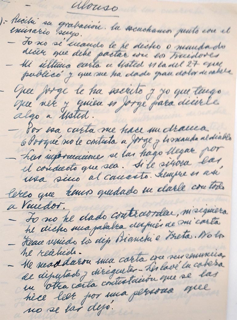 El apunte manuscrito de Perón para grabar su mensaje a Alonso