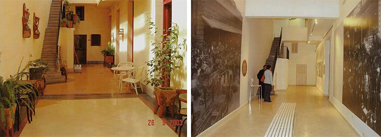 El antes y el después: el patio cubierto y la escalera de la casa del Abasto en 2003 y 2016.