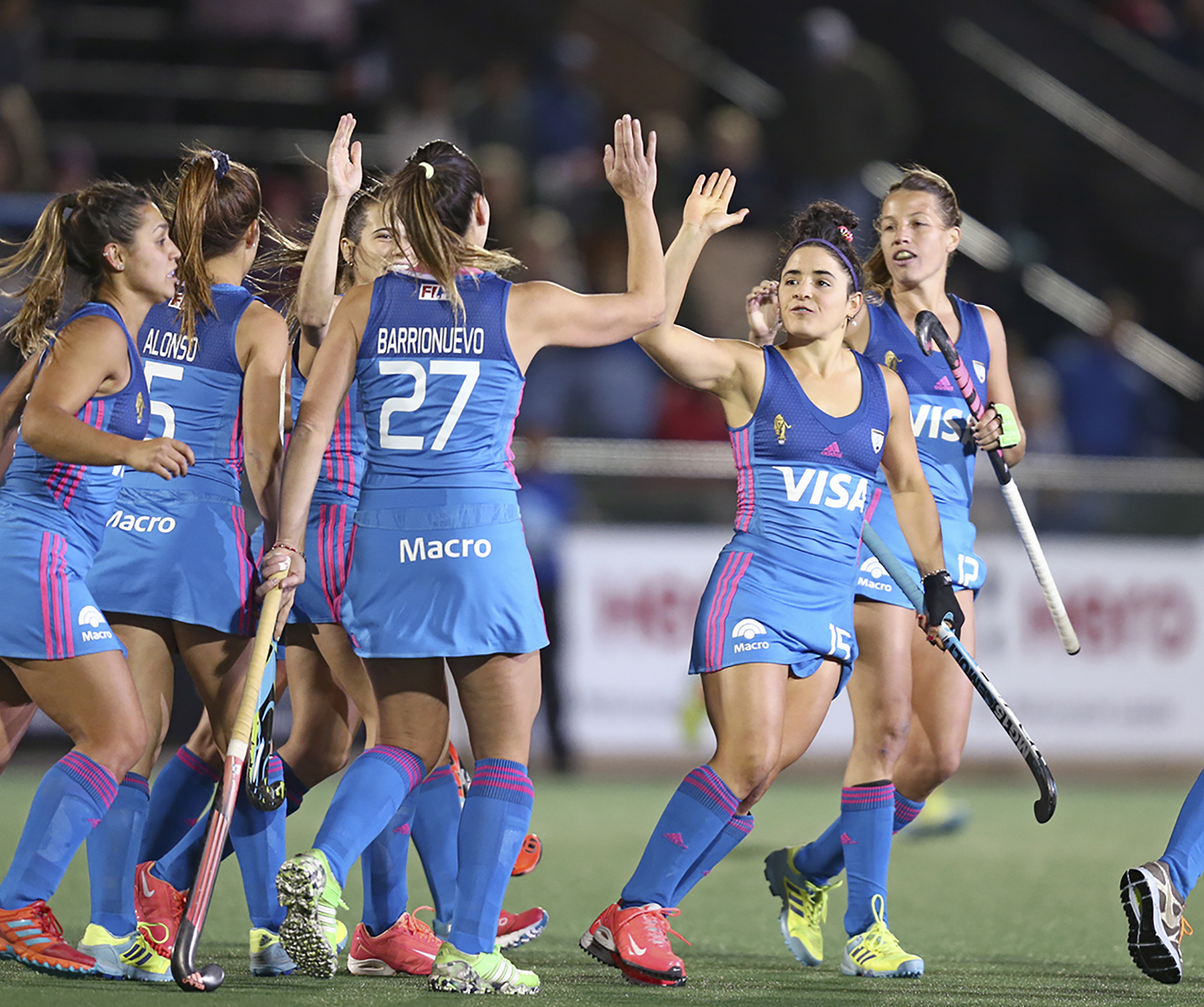 Festejo del gol durante el triunfo del seleccionado mayor de hockey sobre césped femenino de Argentina (Las Leonas) ante India por 3 a 0, correspondiente a la 5° Fecha de la Semifinal de la Liga Mundial que se disputa en Johannesburgo